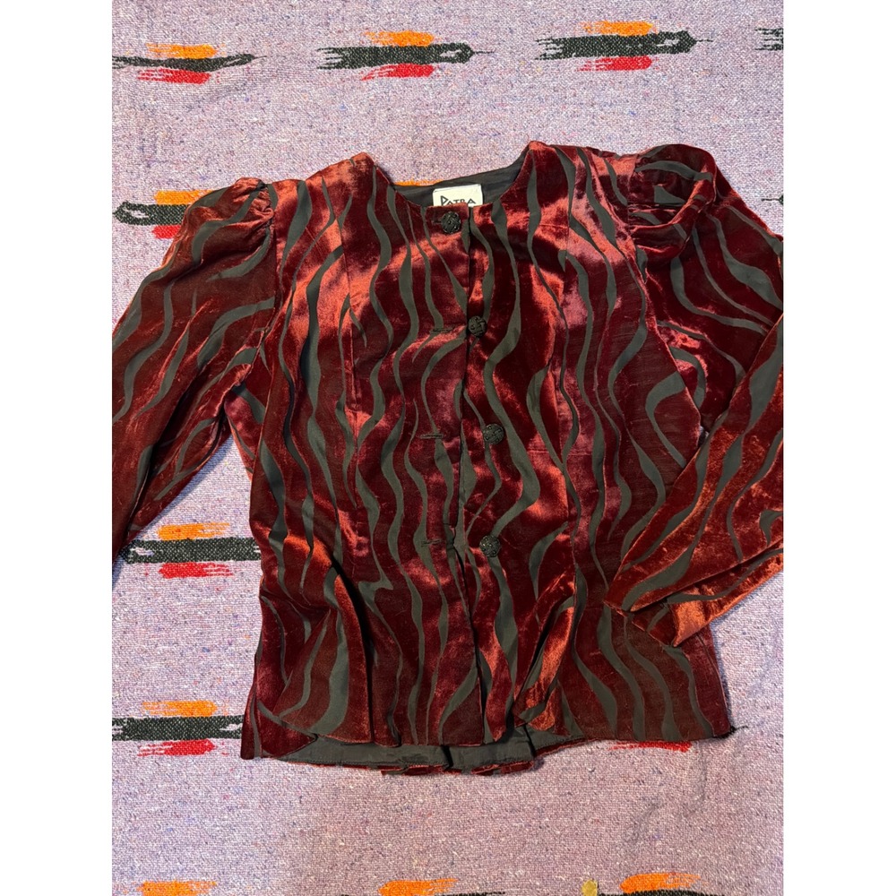 Patra Vintage Velvet Burnout Top Burgundy Red Black Zebra Wave Button Front
